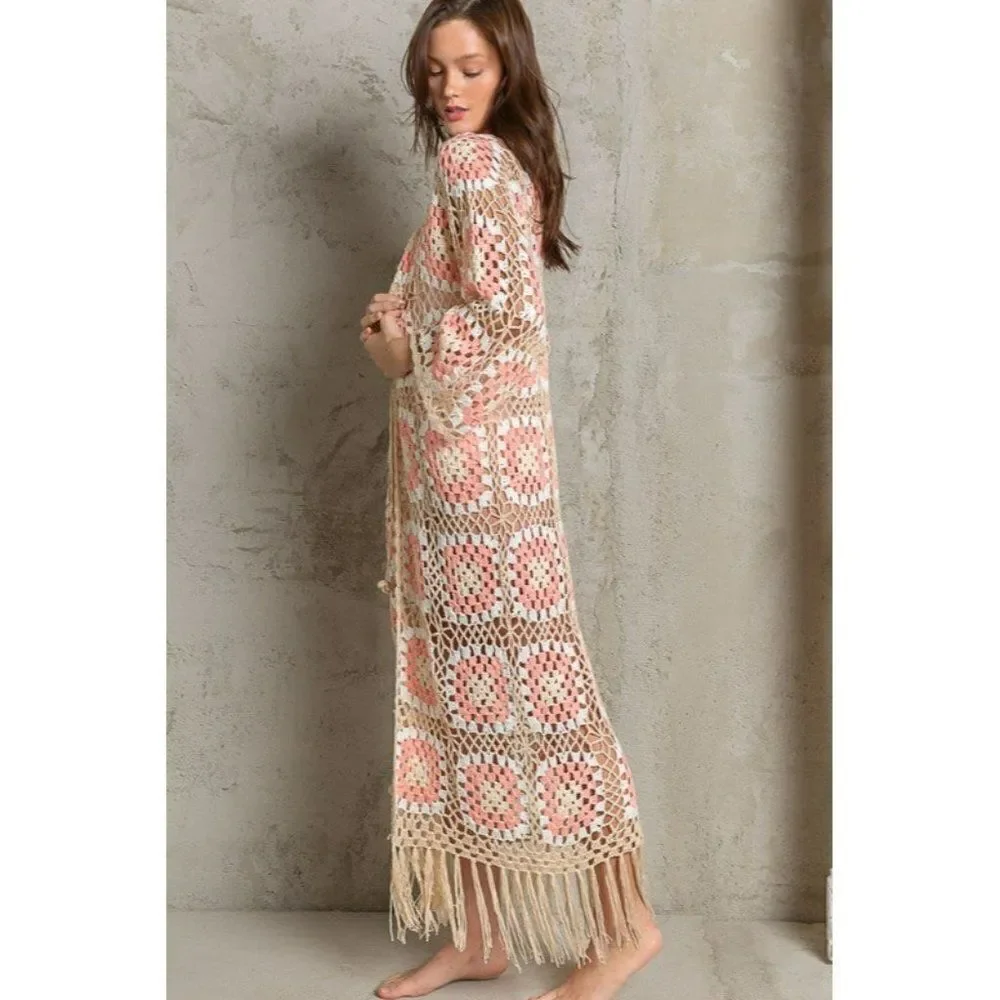 POL Kauai Crochet Long Tie Cardigan in Blush Beige FST317A